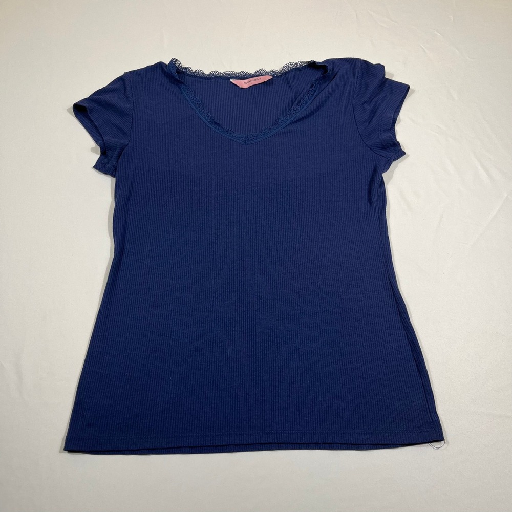 Hunkemoller Ribbed Knit Top Womens Large Navy Blue Lace Trim V-Neck Short Sleeve
